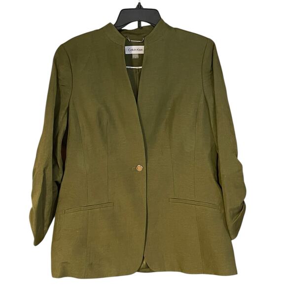 Calvin Klein Womens NEW Size 12 Olive Green Linen Blend Lined 3/4-Sleeve Blazer - Picture 4 of 11